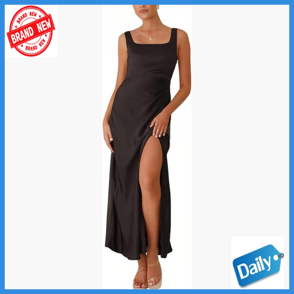 Satin Maxi Dress Square Neck Formal Elegant Ruched Tank Top Wedding Guest